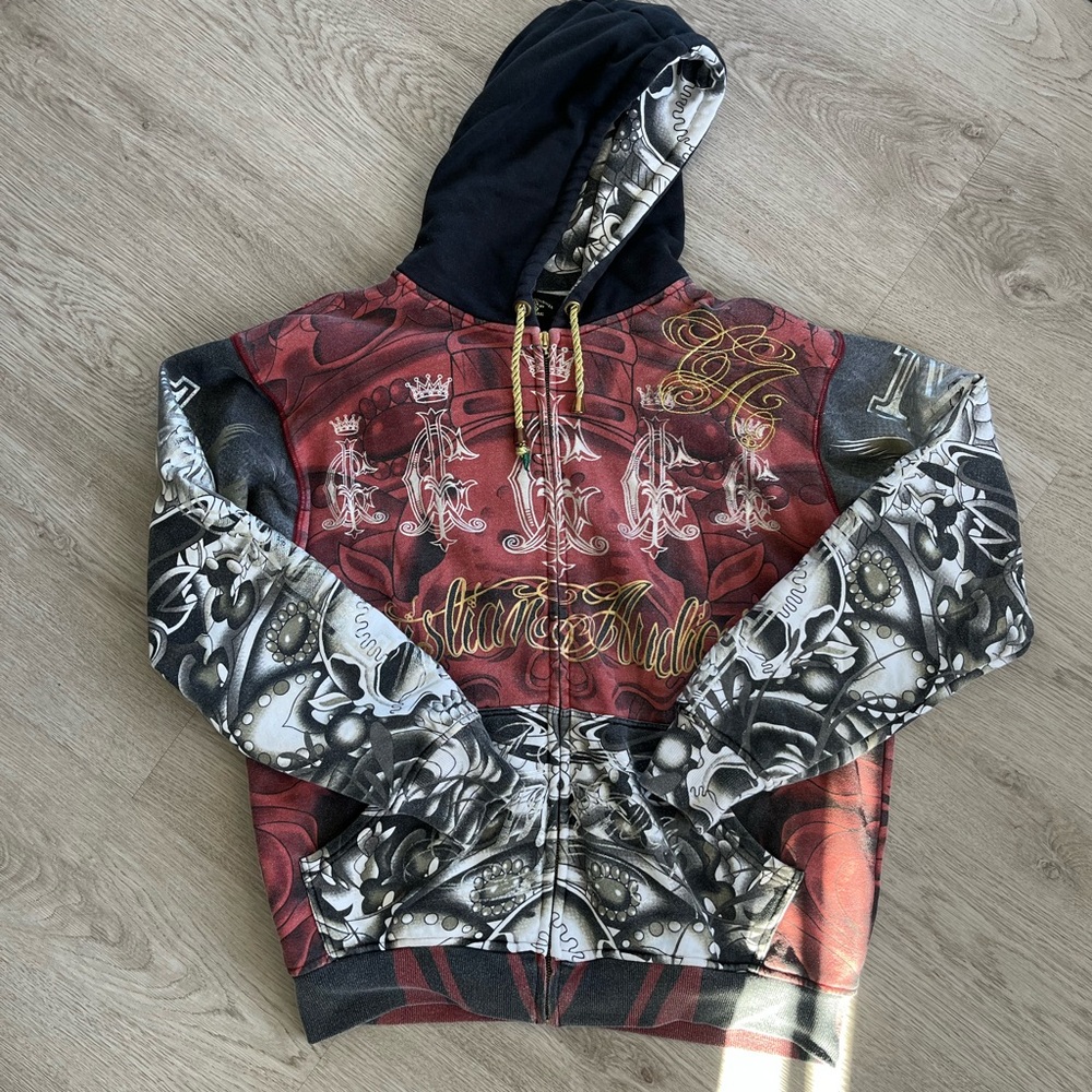 Christian Audigier Red Black Graphic Zip Hoodie